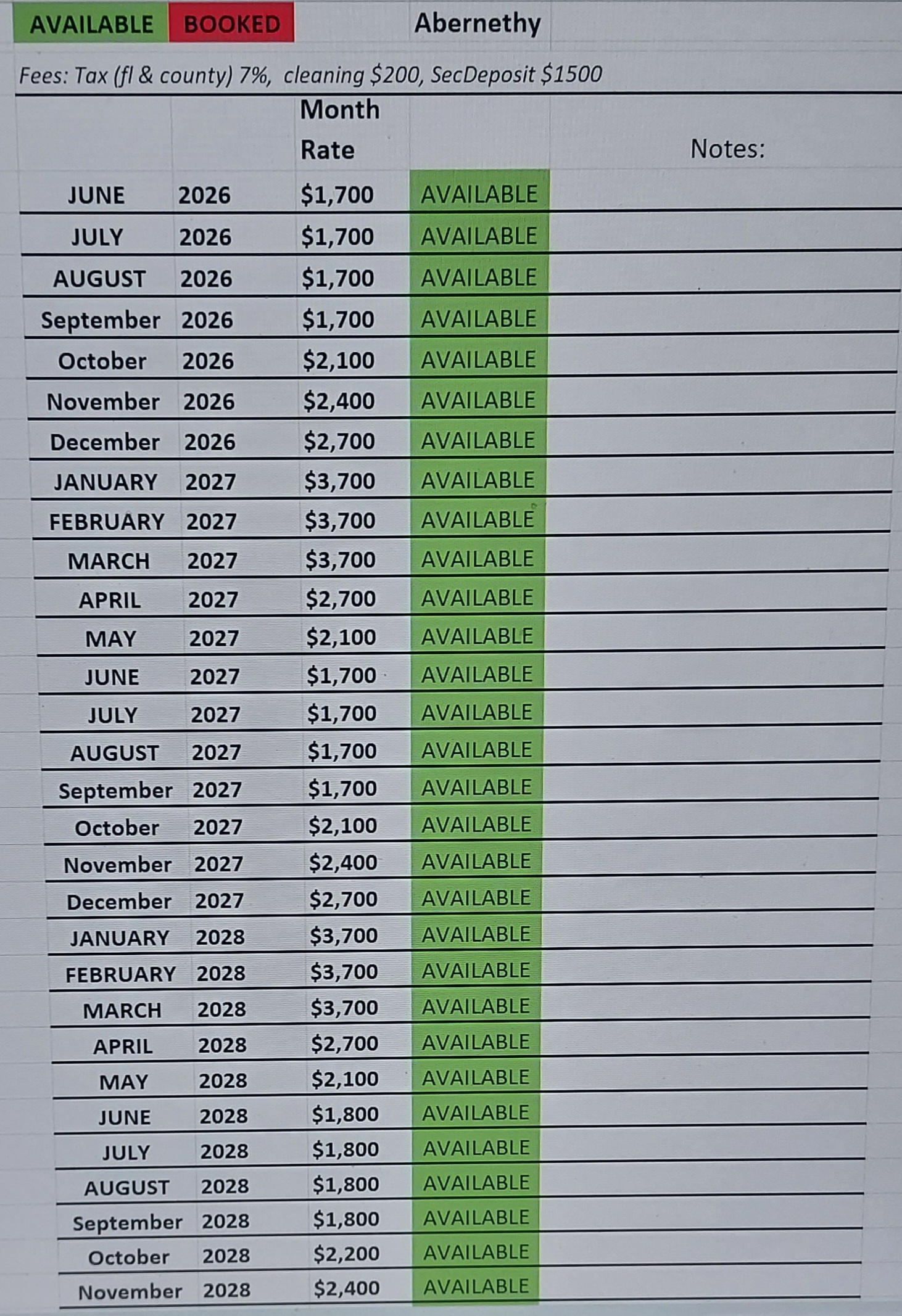 Rates and Calendar